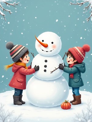 Children building a snowman on a snowy day