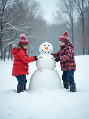 Kids build a snowman in a snowy park during winter