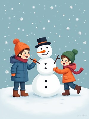 Children enjoying winter fun while building a snowman
