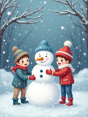 Children building a snowman in a winter wonderland