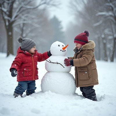 Kids build a snowman in a winter park