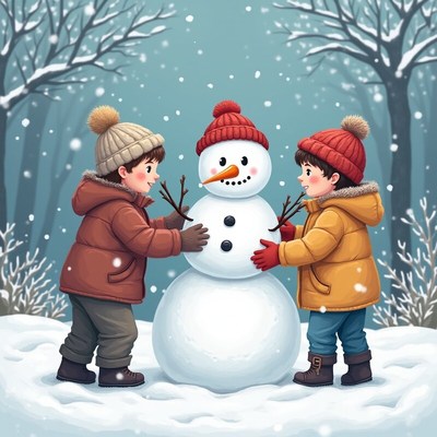 Boys building a snowman in a winter wonderland