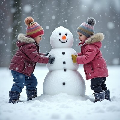 Kids build a snowman in a snowy park scene