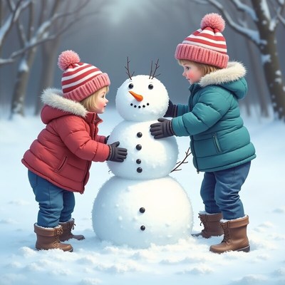 Building a snowman on a winter day with friends