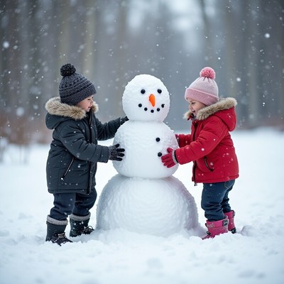 Children joyfully building a snowman in winter wonderland