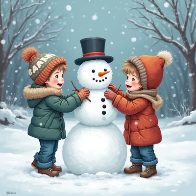 Kids build a snowman during winter fun in the park