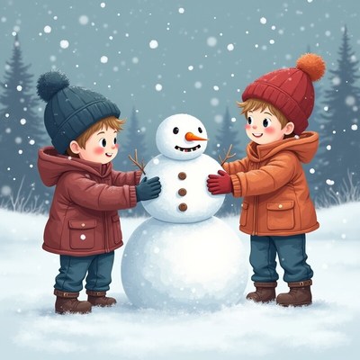 Two boys build a snowman in winter wonderland