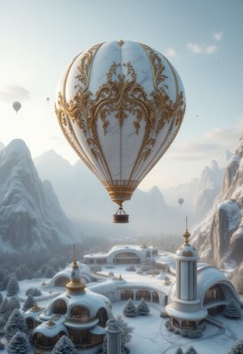 Beautiful hot air balloon over a winter landscape