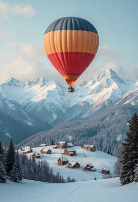 Hot air balloon soaring over snowy mountain village