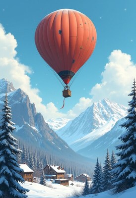 Hot air balloon soaring over snowy mountains and village