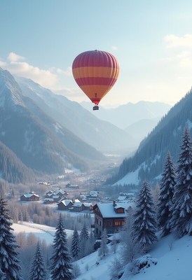 Hot air balloon soaring over snowy mountain valley