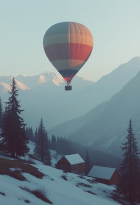 Colorful hot air balloon floats over snowy mountains