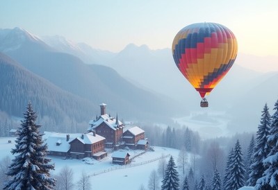 Hot air balloon soaring over snowy mountain landscape