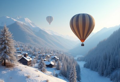 Hot air balloons soaring over a snowy mountain village