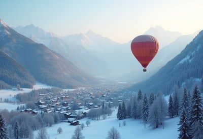 Hot air balloon gliding over snowy valley landscape