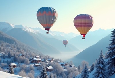 Hot air balloons over snowy mountains at dawn