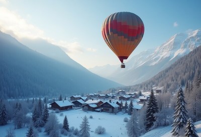 Hot air balloon floats over snowy mountain village