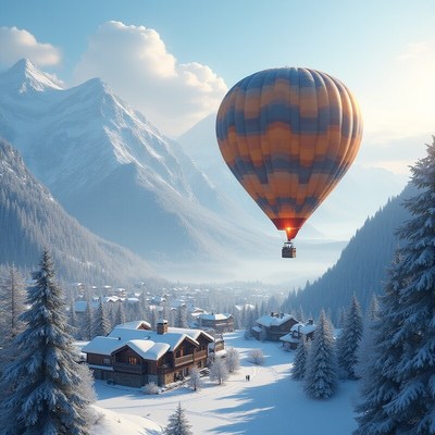 Hot air balloon soaring over snowy mountain village