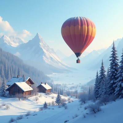 Hot air balloon floats over snowy mountain village