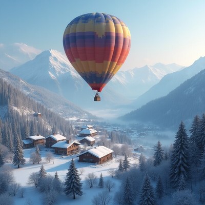Scenic hot air balloon ride over snowy mountains