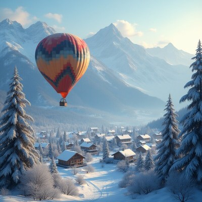 Colorful balloon over snowy winter village