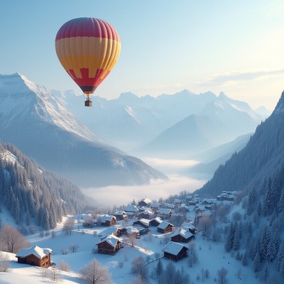 Hot air balloon floats over snowy mountain village