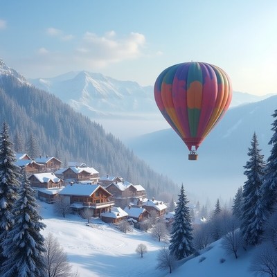 Colorful hot air balloon over snowy mountain village