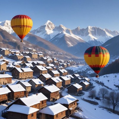 Hot air balloons over snowy village in winter landscape