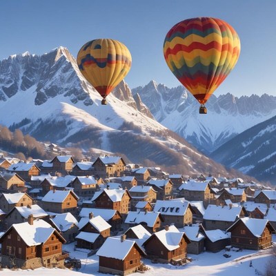 Hot air balloons over snowy mountain village