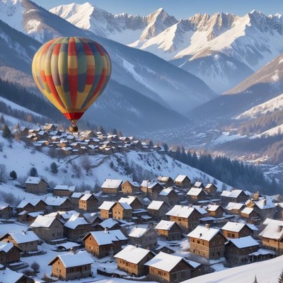 Colorful hot air balloon over snowy village in mountains