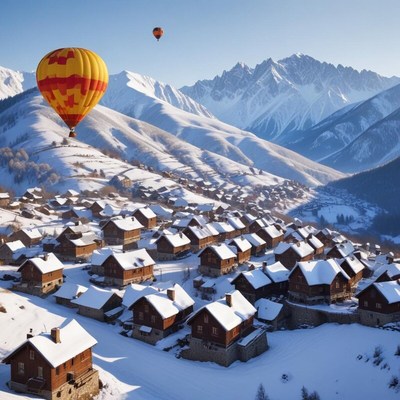 Hot air balloon soaring over snowy mountain village