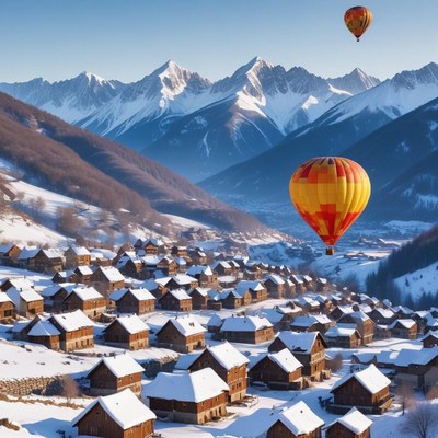 Hot air balloons soar over snow-covered village in mountains