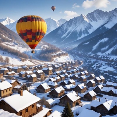 Colorful hot air balloons over snowy mountain village