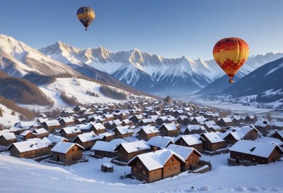 Balloons soar over snowy village at sunrise