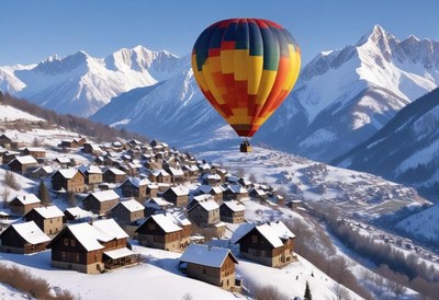 Hot air balloon flying over snowy mountain village