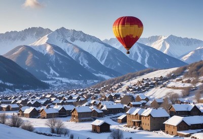 Hot air balloon floats over snowy mountain village in winter