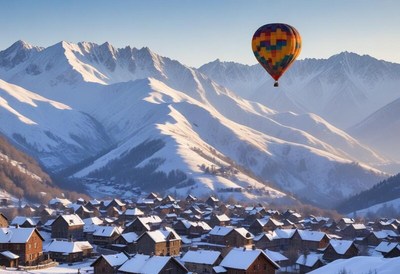 Hot air balloon floats over snow-covered mountains
