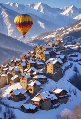 Hot air balloon over snow-covered village in winter