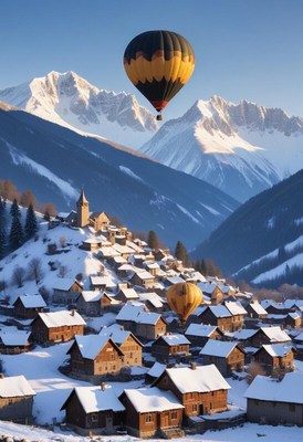 Hot air balloons over snowy mountain village