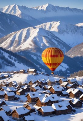Hot air balloon floats over snowy mountain village