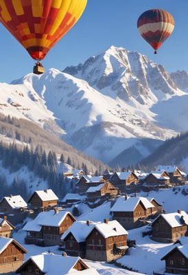Hot air balloons over snowy mountain village at sunrise