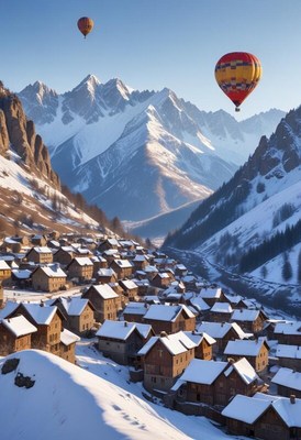 Hot air balloons over snowy mountain village at dawn