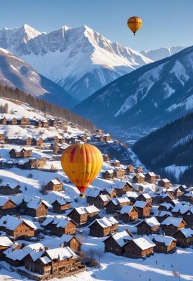 Hot air balloons soar over snowy mountain village