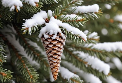 Snow-covered pine cone hangs from evergreen branch