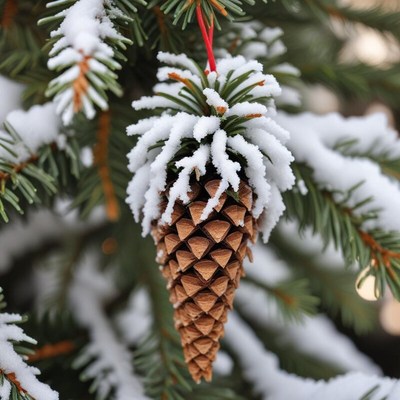 Winter pinecone decoration hangs on snowy tree branch