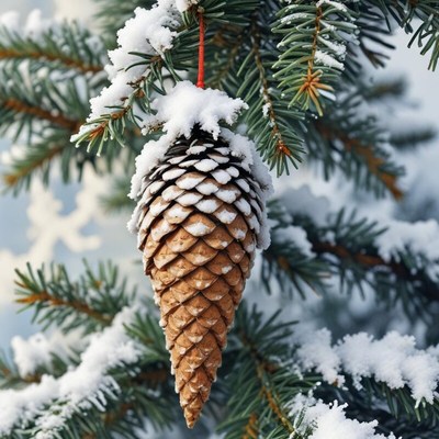 Pine cone decoration hanging on snow-covered evergreen tree