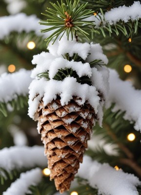 Snowy pine cone hangs on tree branches during winter