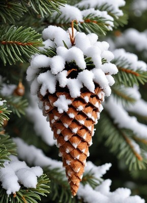 Snow-covered pine cone hanging on a tree branch