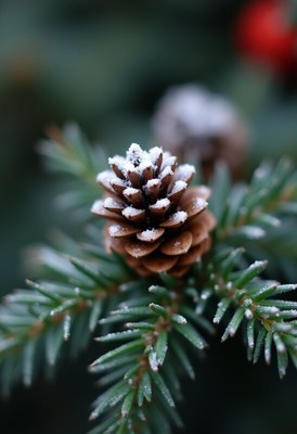 Snow-covered pine cone resting on evergreen branches