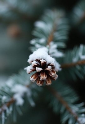 Snow-covered pine cone resting on a branch in winter
